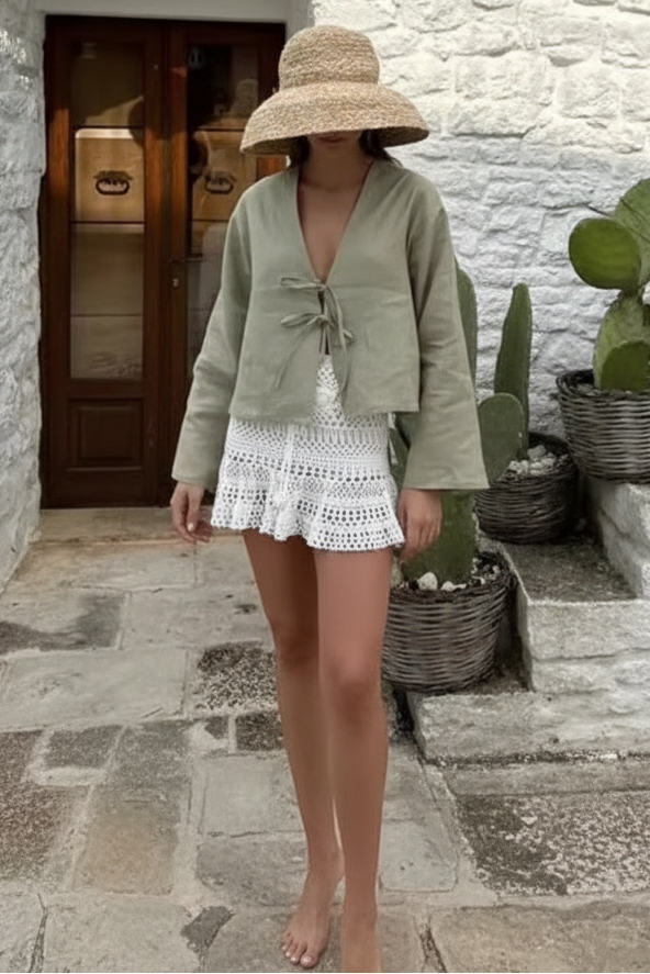 Chic Green Linen Blouse - Casual V Neck Long Sleeve Top for Women 0