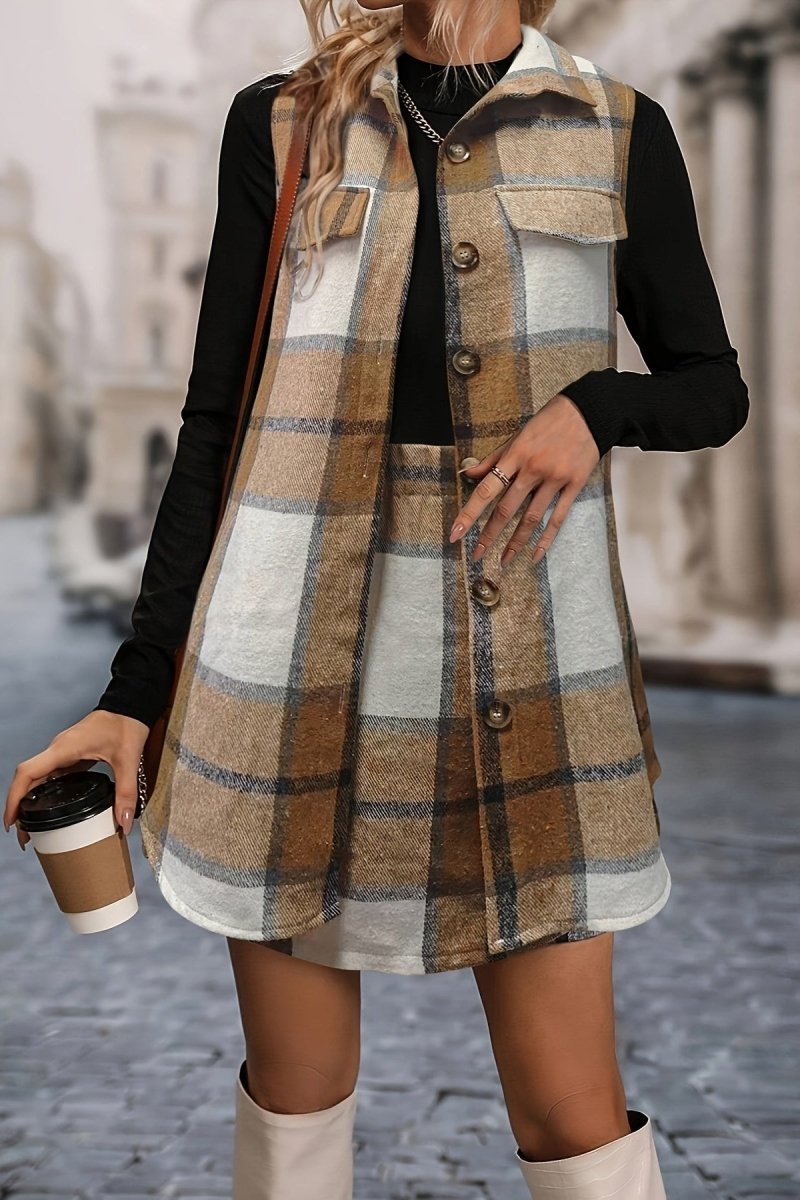 Chic Sleeveless Checkered Vest and Skirt Set for All Seasons 0