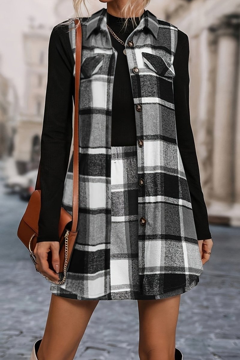Chic Sleeveless Checkered Vest and Skirt Set for All Seasons 1