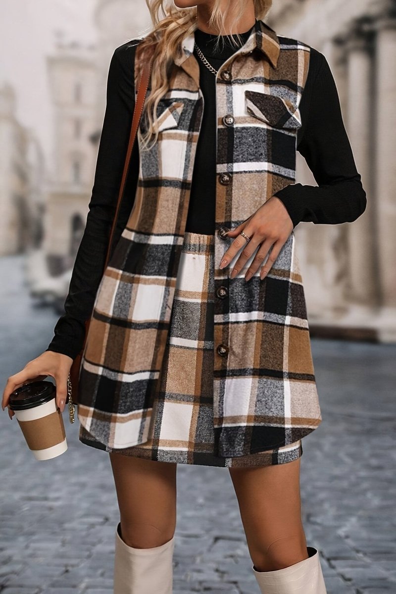 Chic Sleeveless Checkered Vest and Skirt Set for All Seasons 4