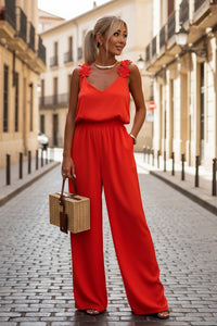 Elegant Wide Leg Jumpsuit with Flattering V-Neck Design