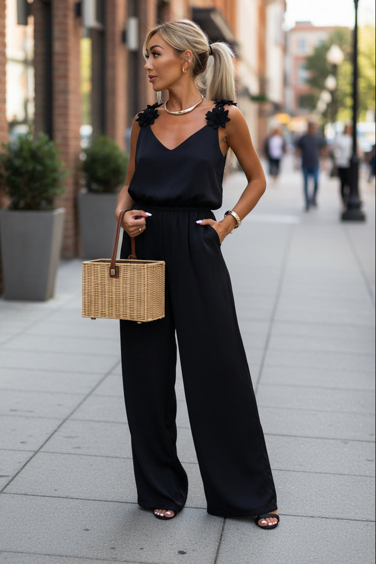 Elegant Wide Leg Jumpsuit with Flattering V-Neck Design