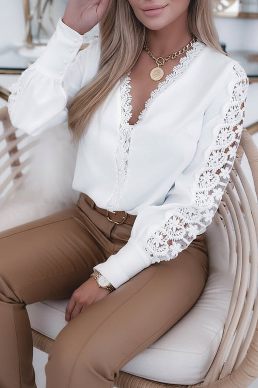 Chic V-Neck Going Out Top with Elegant Lace Sleeve Detail 0