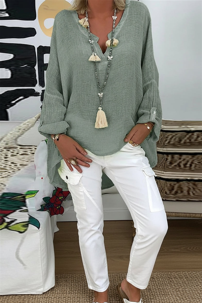 Chic & Comfy - Women's Blouse, Casual Long Sleeve V Neck Cotton-Linen Blend 0