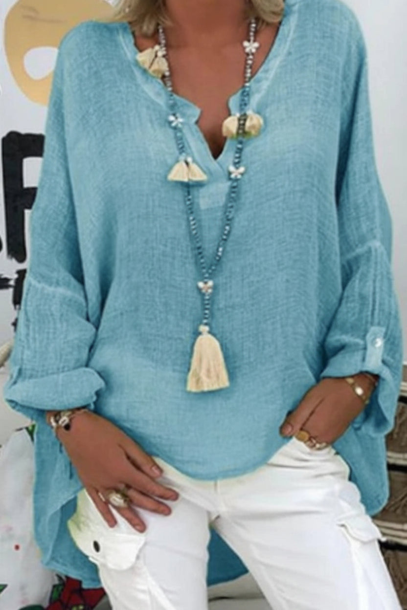 Chic & Comfy - Women's Blouse, Casual Long Sleeve V Neck Cotton-Linen Blend 13