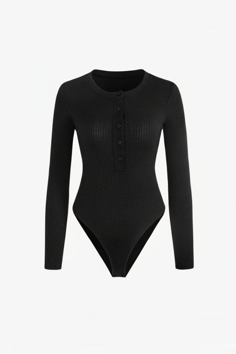 Classic Long-Sleeved Ribbed Knit Bodysuit with Elegant Button Detail 0