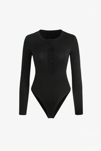 Classic Long-Sleeved Ribbed Knit Bodysuit with Elegant Button Detail 0