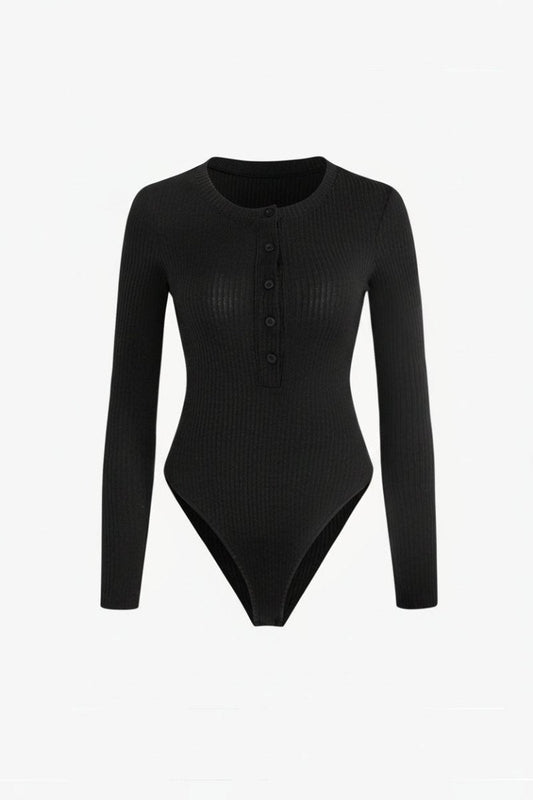 Classic Long-Sleeved Ribbed Knit Bodysuit with Elegant Button Detail 0