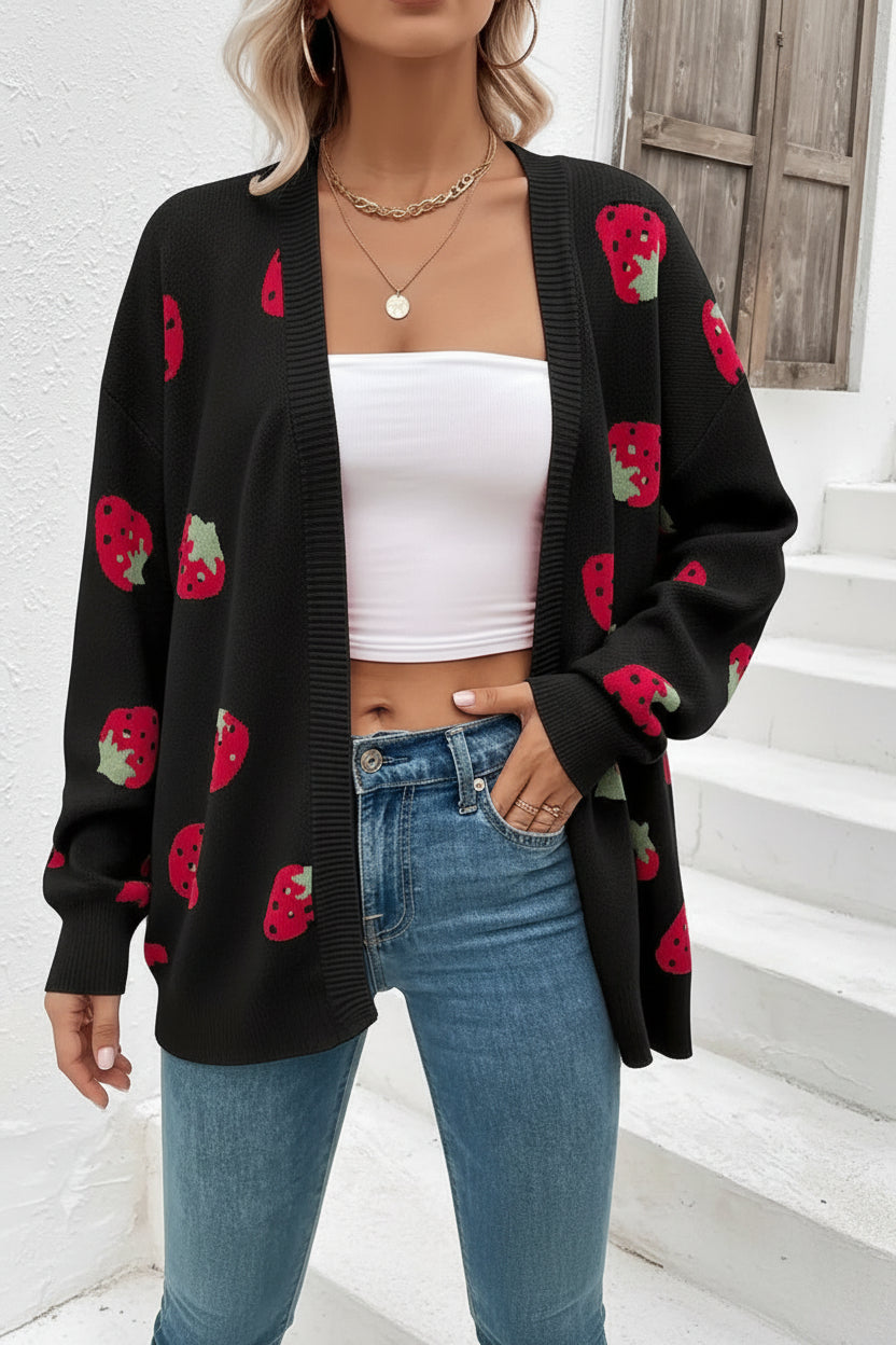 Cozy Open Heart Sweater with Playful Strawberry Print for Effortless Style 1
