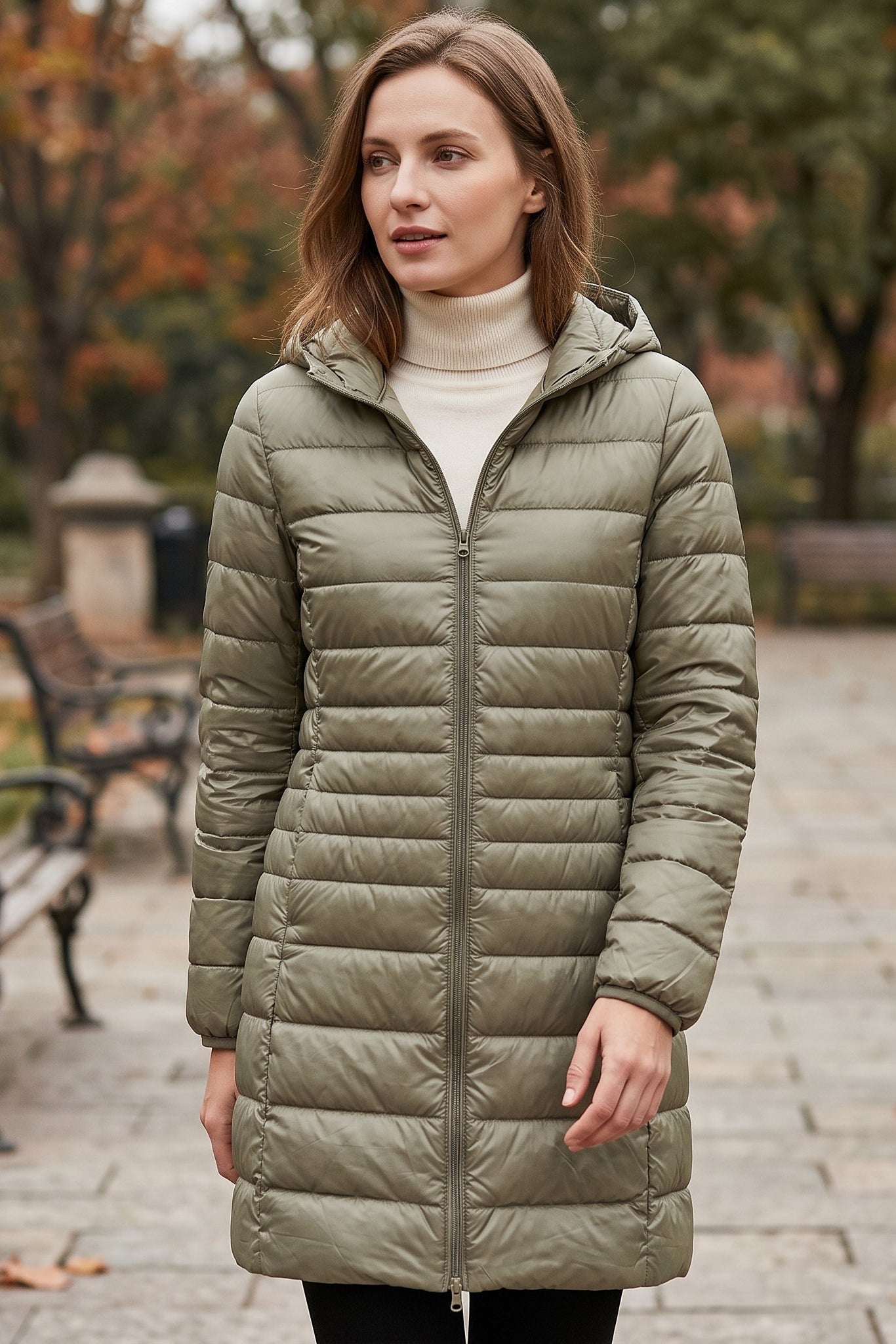 Hooded Quilted Zip Front Longline Coat