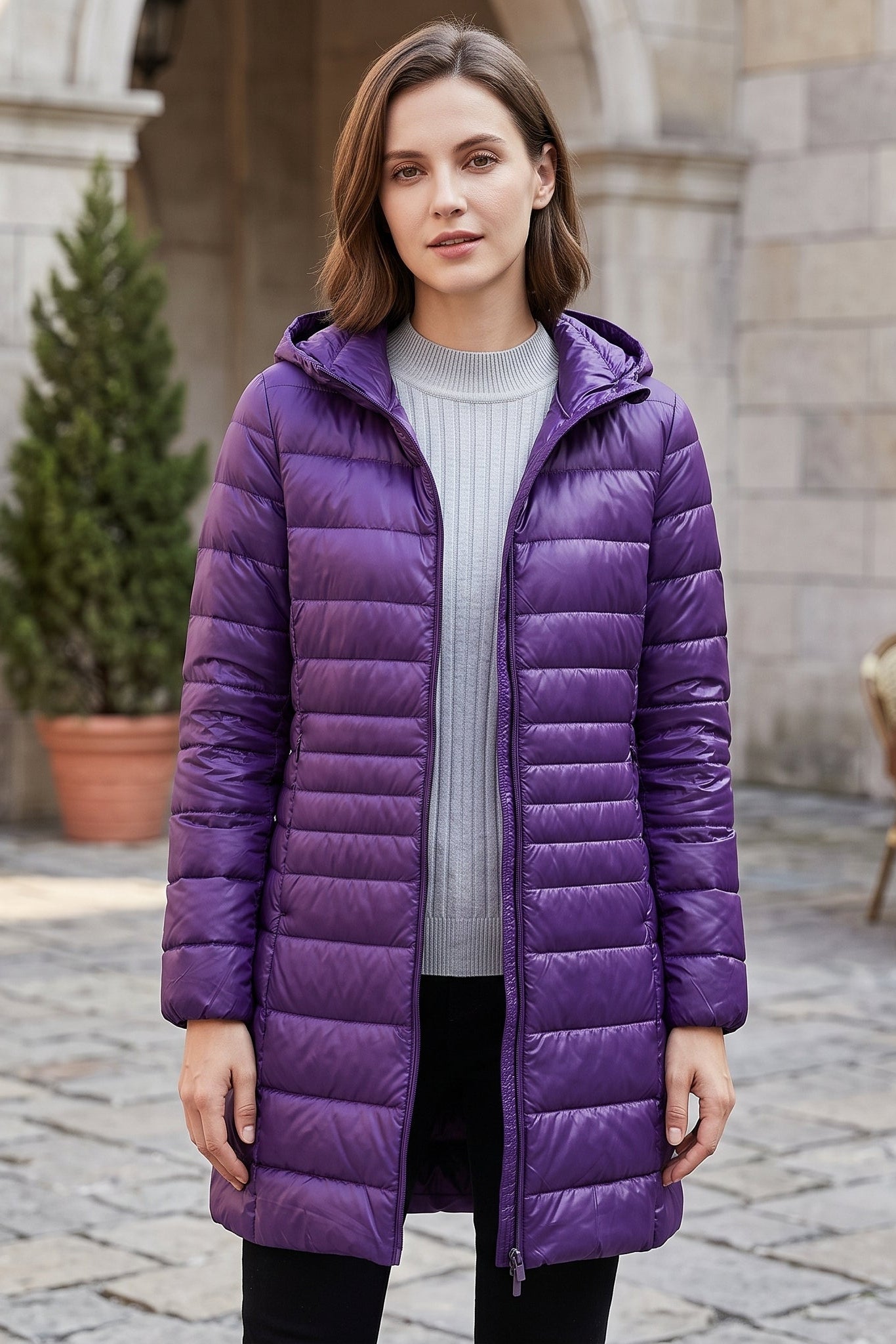 Hooded Quilted Zip Front Longline Coat