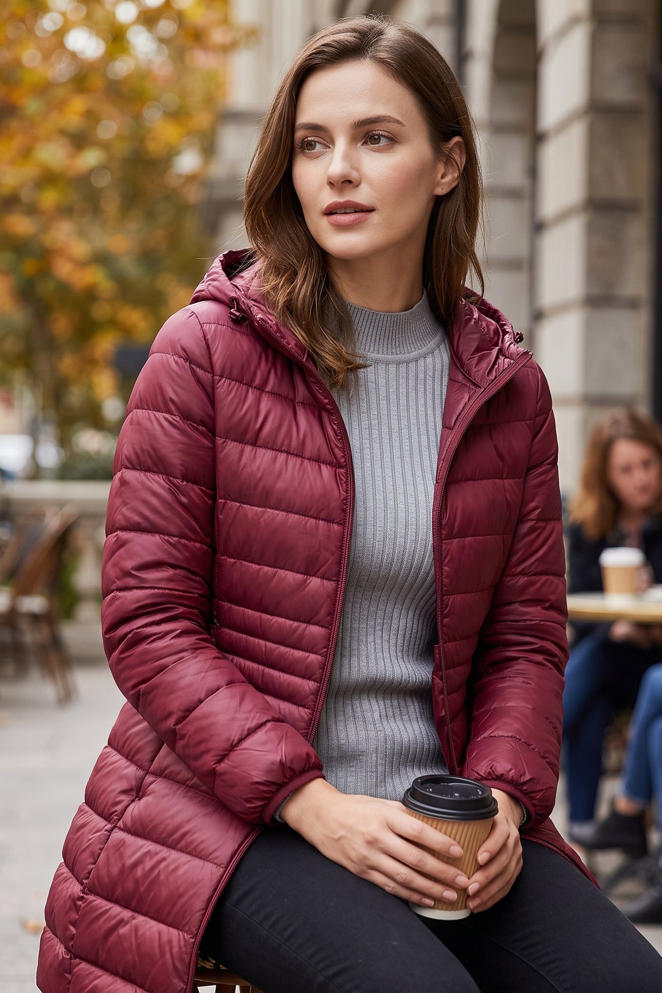 Hooded Quilted Zip Front Longline Coat