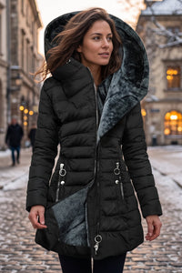 Hooded Longline Zip Front Quilted Coat