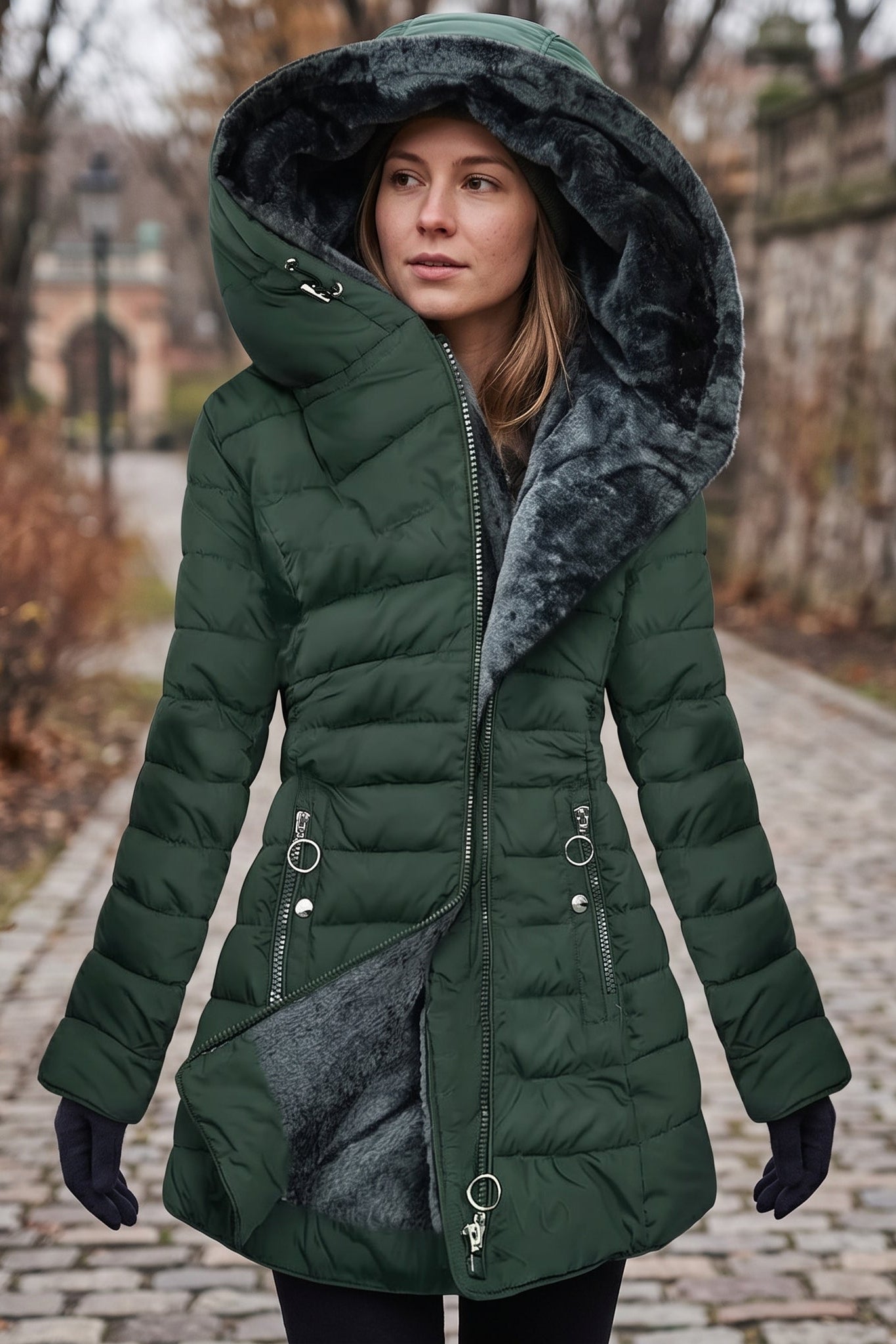 Hooded Longline Zip Front Quilted Coat