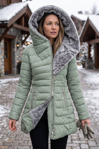 Hooded Longline Zip Front Quilted Coat