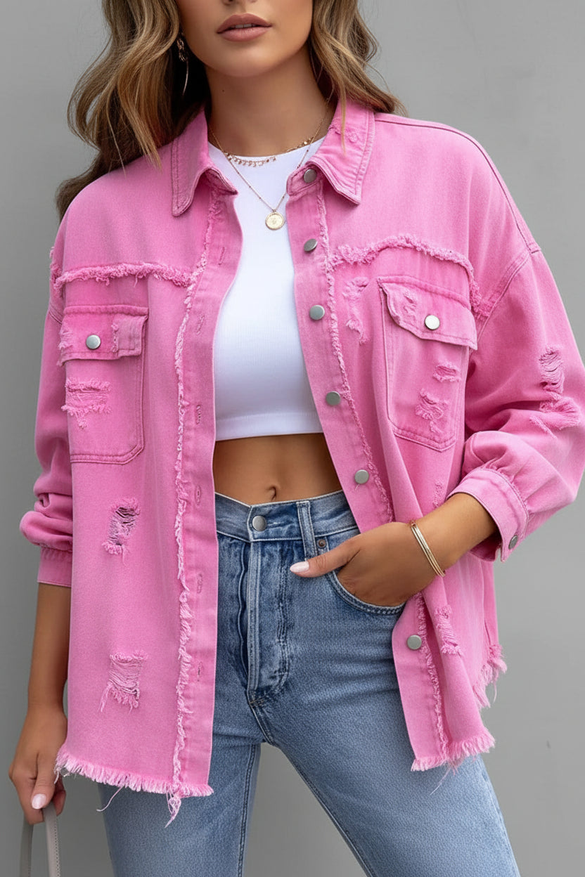 Distressed Denim Button Down Shirt for Effortless Casual Style 0