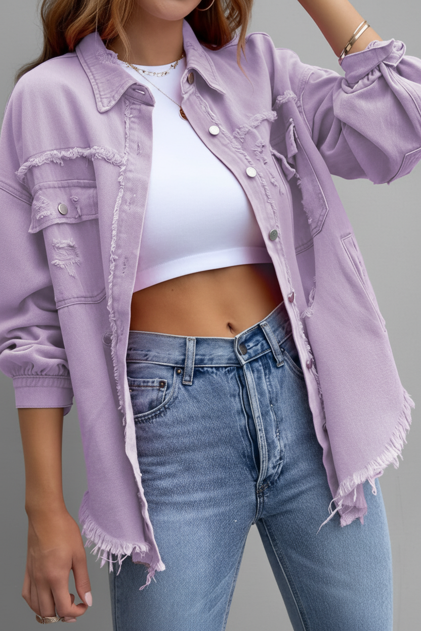 Distressed Denim Button Down Shirt for Effortless Casual Style 1