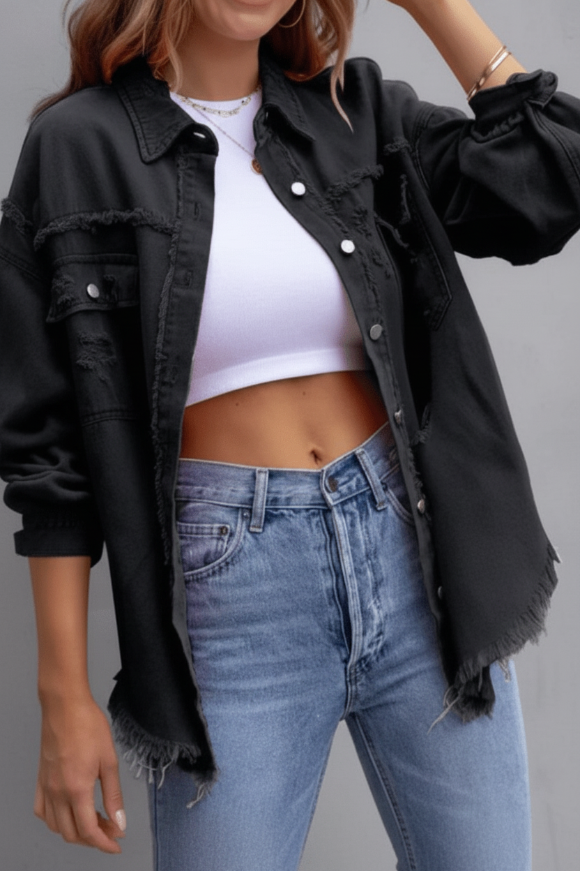 Distressed Denim Button Down Shirt for Effortless Casual Style 2