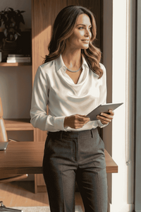 Draped Neck Long Sleeve Satin Blouse for Timeless Elegance 1