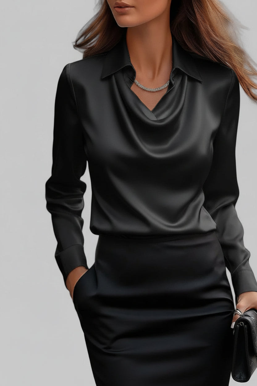Draped Neck Long Sleeve Satin Blouse for Timeless Elegance 10