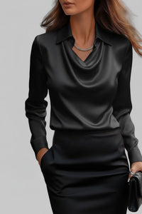 Draped Neck Long Sleeve Satin Blouse for Timeless Elegance 10