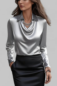 Draped Neck Long Sleeve Satin Blouse for Timeless Elegance 2