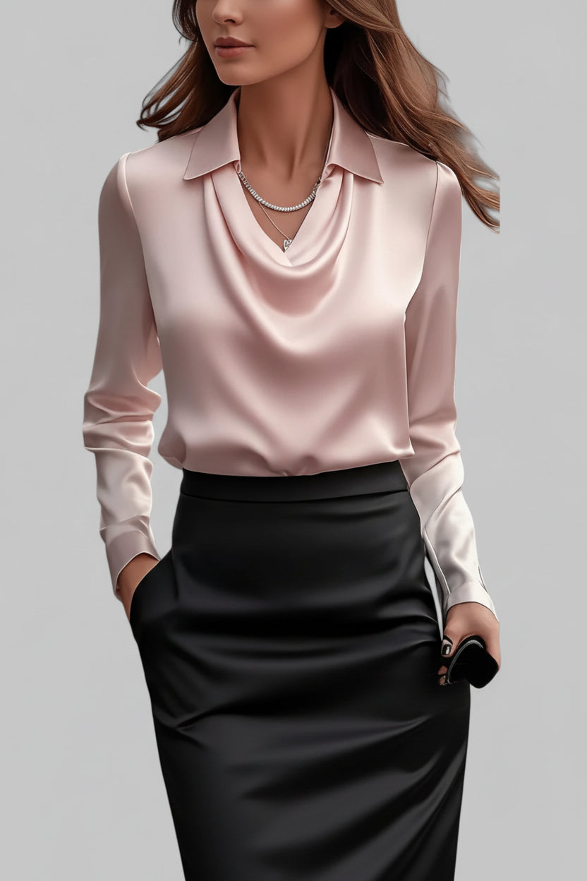 Draped Neck Long Sleeve Satin Blouse for Timeless Elegance 3
