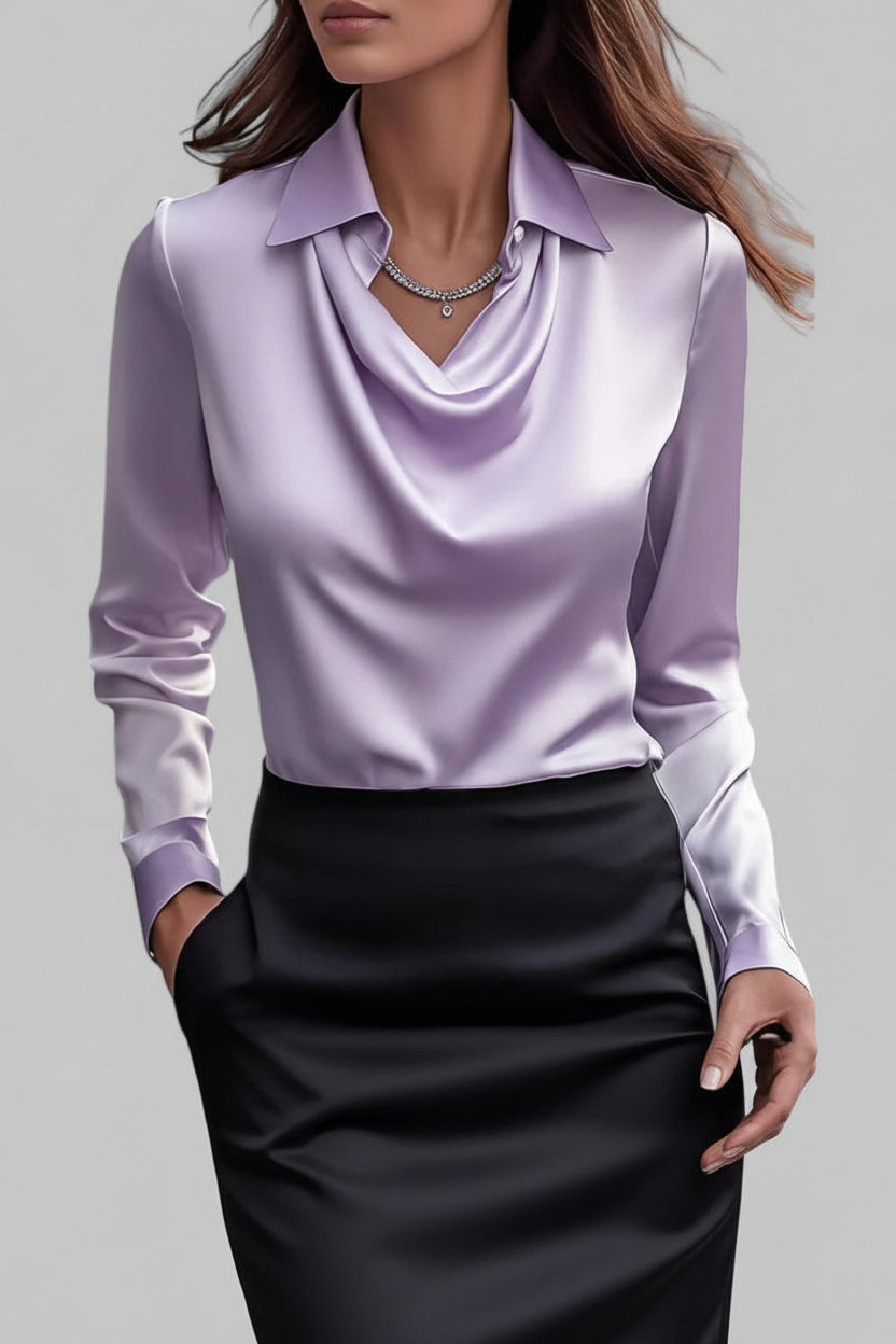 Draped Neck Long Sleeve Satin Blouse for Timeless Elegance 4