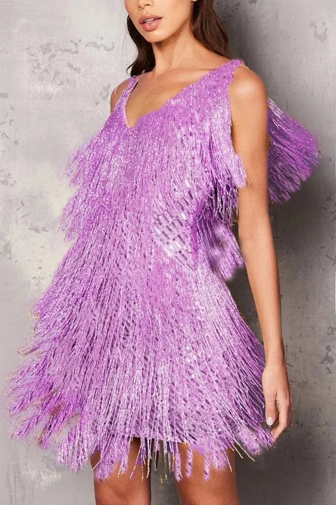 Elegant A-Line Dress with Fringe and Sequin Accents for Evening Events 0