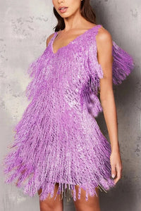 Elegant A-Line Dress with Fringe and Sequin Accents for Evening Events 0
