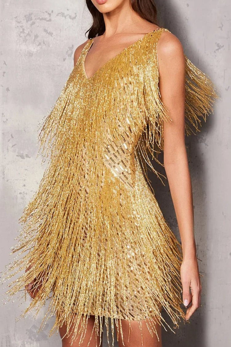 Elegant A-Line Dress with Fringe and Sequin Accents for Evening Events 5