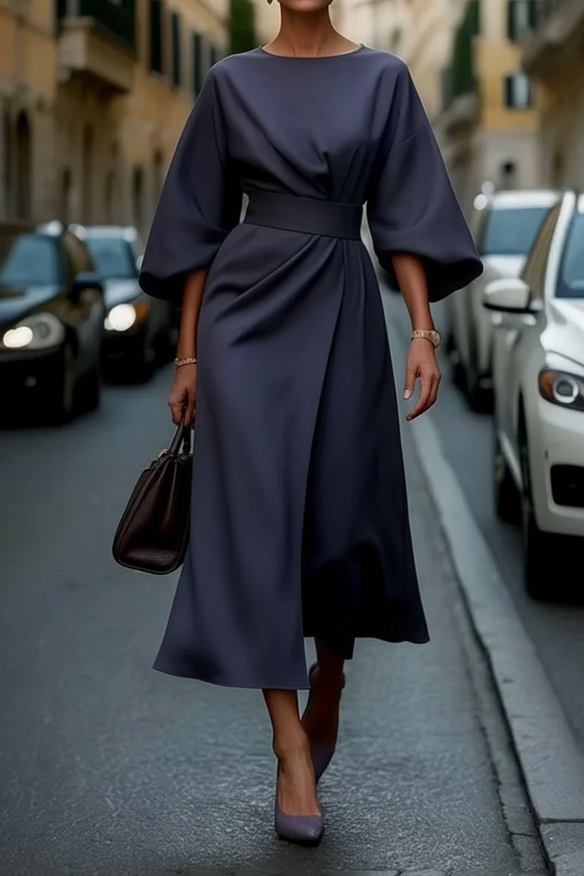 Elegant Black Cocktail Dress with Lantern Sleeves and Waist-Cinching Belt 0
