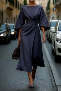 Elegant Black Cocktail Dress with Lantern Sleeves and Waist-Cinching Belt 0