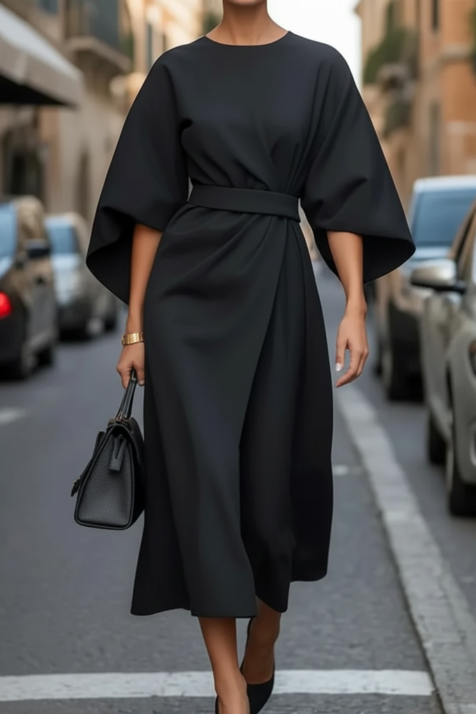 Elegant Black Cocktail Dress with Lantern Sleeves and Waist-Cinching Belt 2