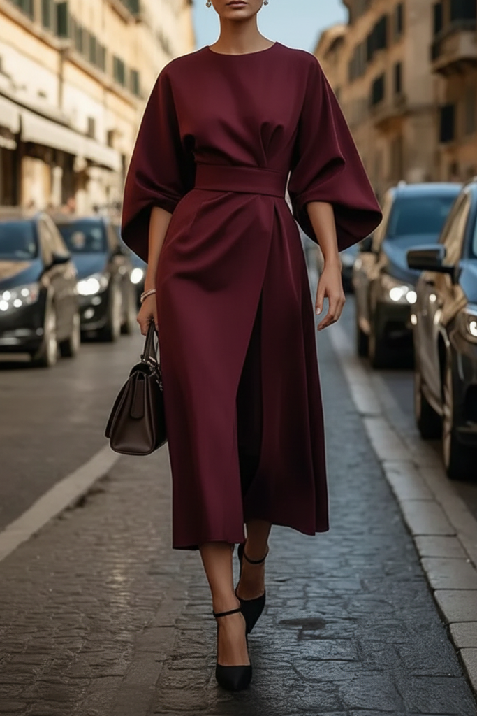 Elegant Black Cocktail Dress with Lantern Sleeves and Waist-Cinching Belt 7