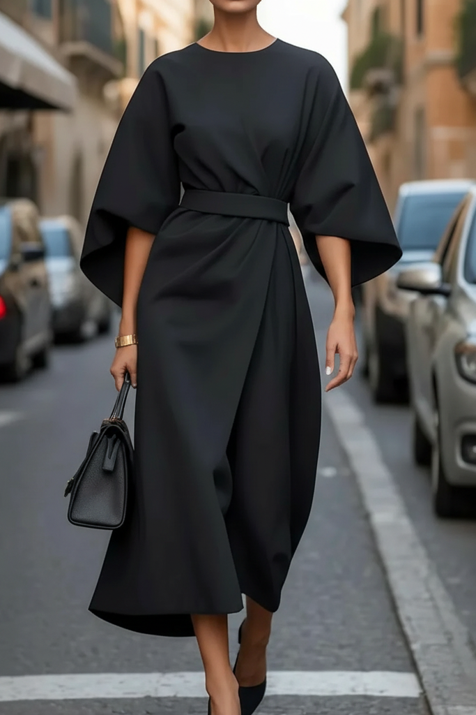 Elegant Black Cocktail Dress with Lantern Sleeves and Waist-Cinching Belt 8