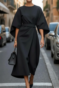 Elegant Black Cocktail Dress with Lantern Sleeves and Waist-Cinching Belt 8