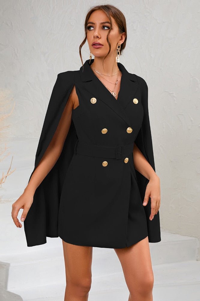 Elegant Cape Blazer Mini Dress with Belt and Gold Button Accents for Cocktail Events 0