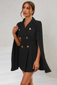 Elegant Cape Blazer Mini Dress with Belt and Gold Button Accents for Cocktail Events 1