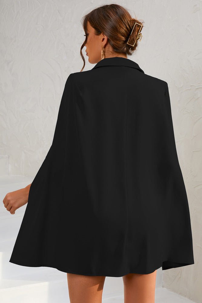 Elegant Cape Blazer Mini Dress with Belt and Gold Button Accents for Cocktail Events 2