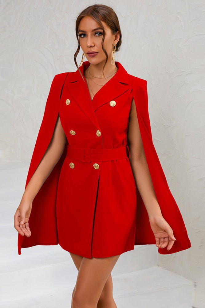 Elegant Cape Blazer Mini Dress with Belt and Gold Button Accents for Cocktail Events 6