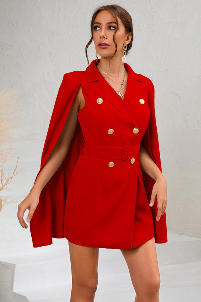 Elegant Cape Blazer Mini Dress with Belt and Gold Button Accents for Cocktail Events 7