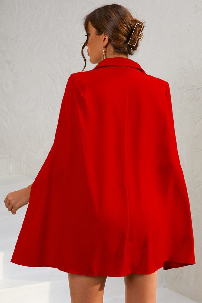 Elegant Cape Blazer Mini Dress with Belt and Gold Button Accents for Cocktail Events 8