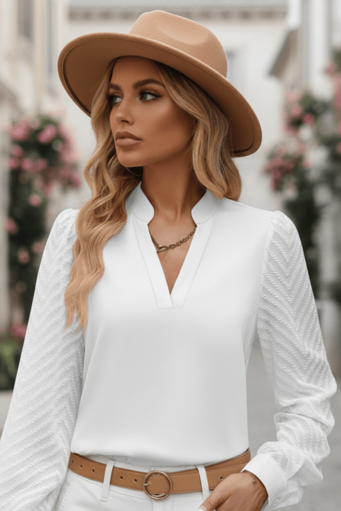 Elegant Day-to-Night Blouse with Sheer Sleeves and V-Neck 3