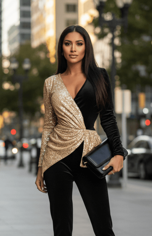 Elegant Deep V-Neck Sequin Jumpsuit with High Waist Slit for Glamorous Evenings 0