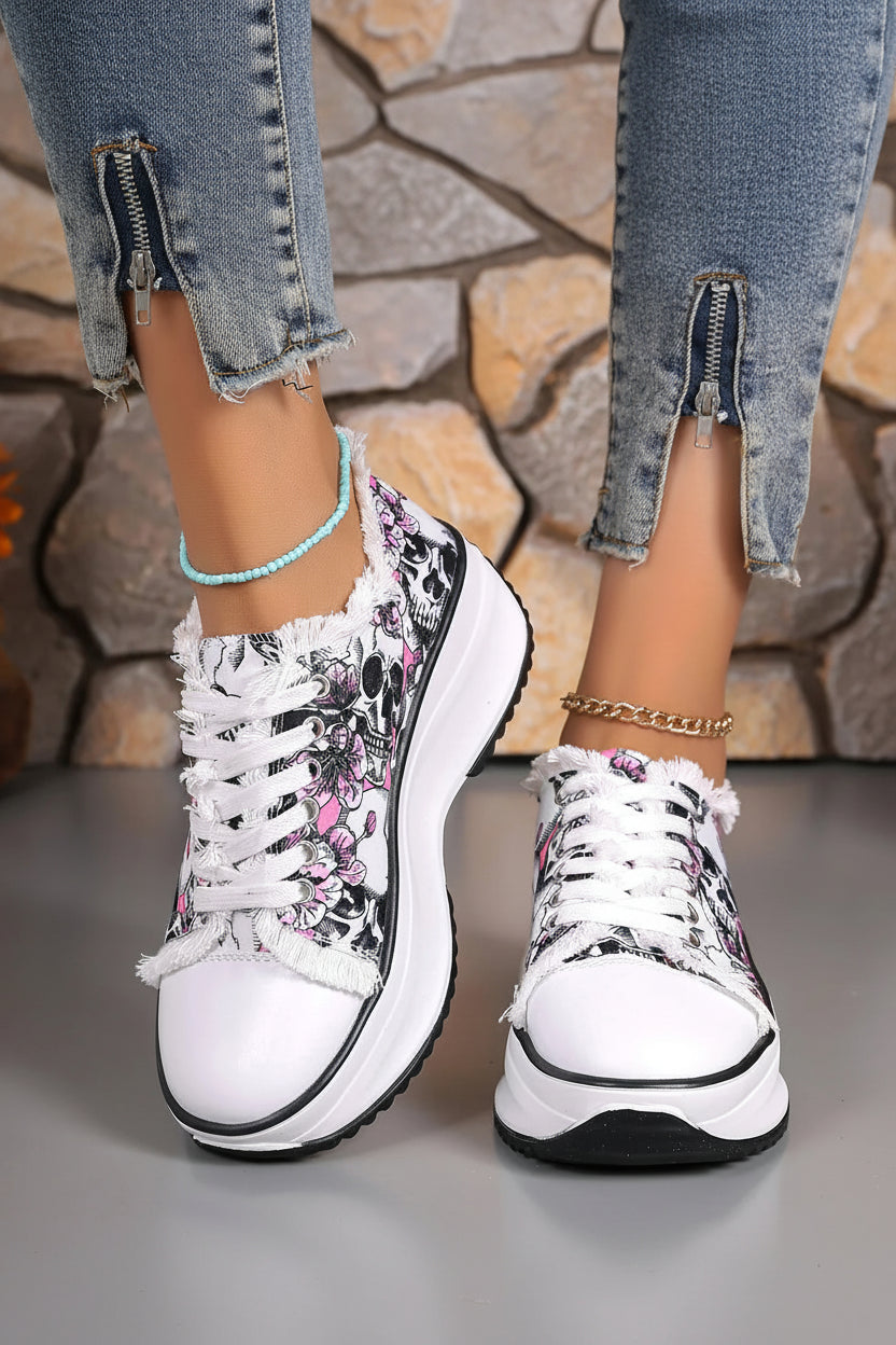Elegant Floral Printed Lace Up Sneakers - Trendy Round Toe Flats 0
