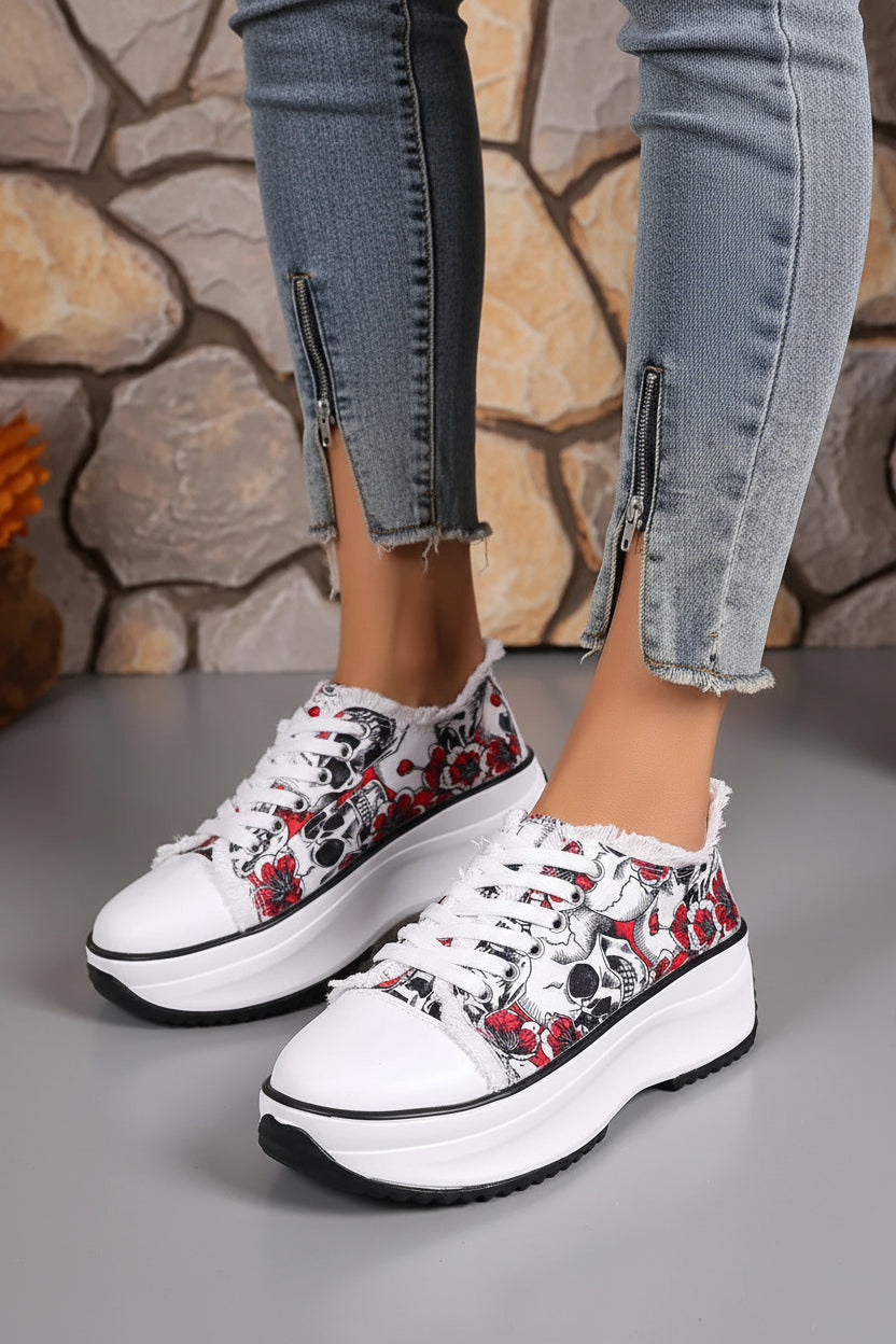 Elegant Floral Printed Lace Up Sneakers - Trendy Round Toe Flats 1