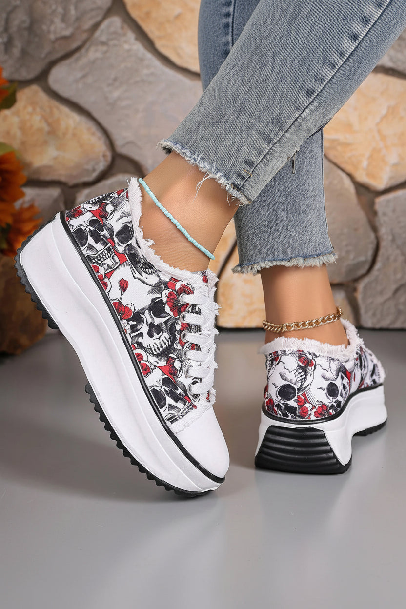 Elegant Floral Printed Lace Up Sneakers - Trendy Round Toe Flats 2