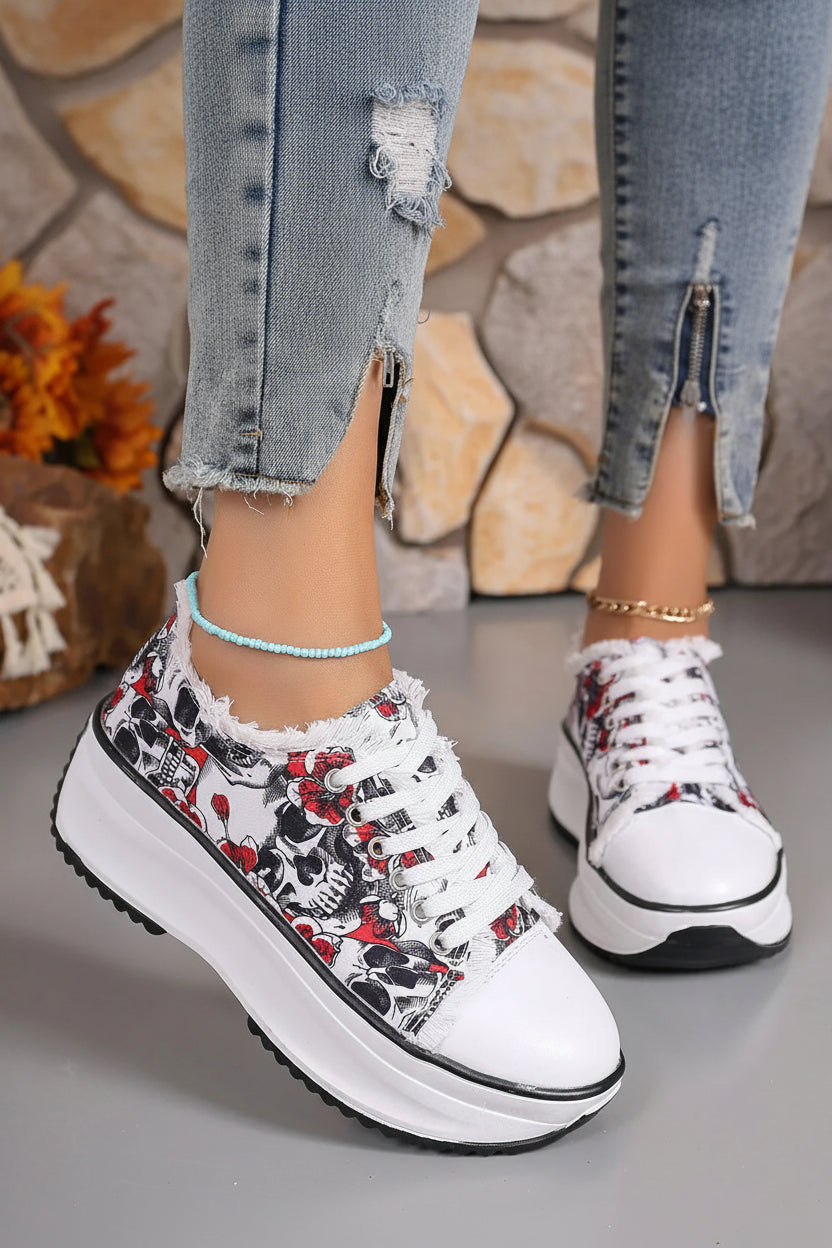 Elegant Floral Printed Lace Up Sneakers - Trendy Round Toe Flats 3