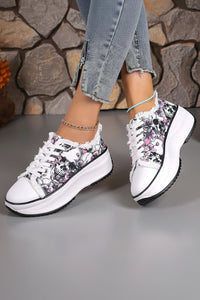 Elegant Floral Printed Lace Up Sneakers - Trendy Round Toe Flats 4